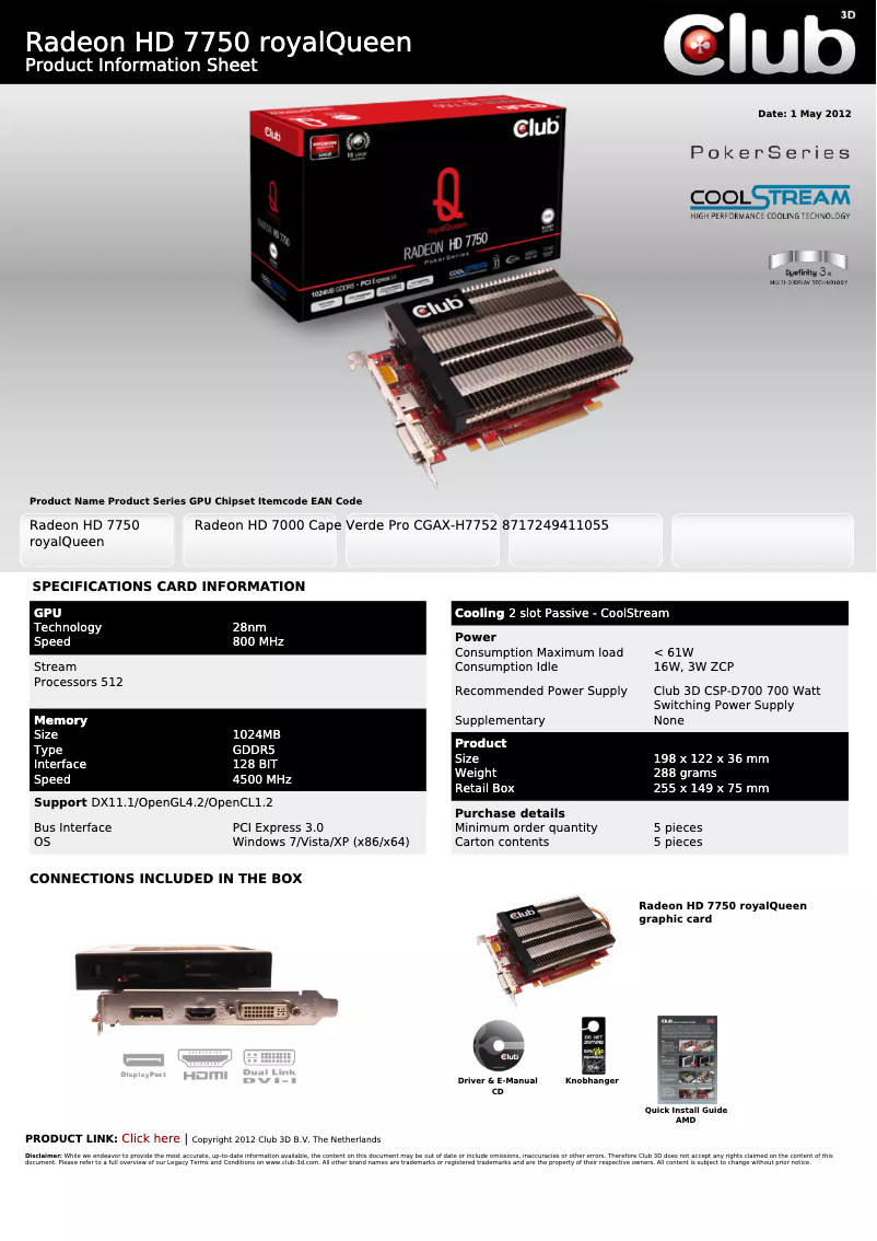 Page 1 de la notice Manuel utilisateur CLUB3D Radeon HD 7750 royalQueen