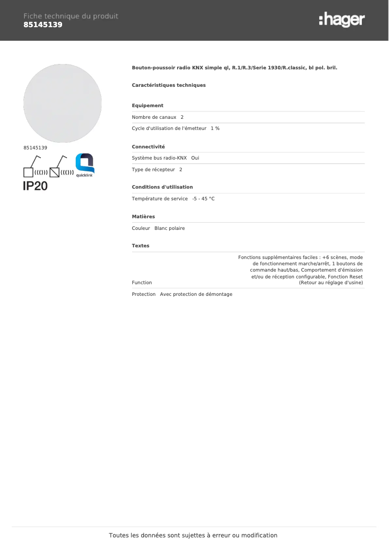 Page 1 de la notice Fiche technique Hager 85145139