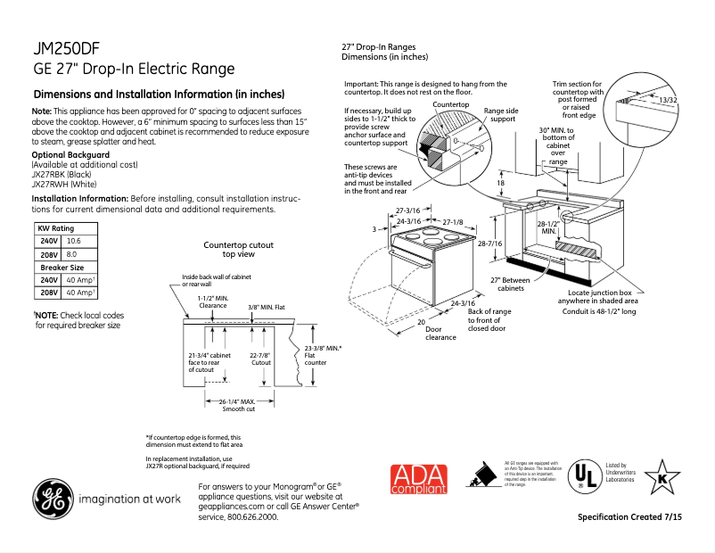 Page 1 de la notice Fiche technique GE JM250DFCC