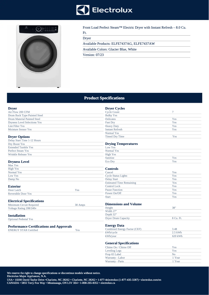Page 1 de la notice Fiche technique Electrolux ELFE7437AG