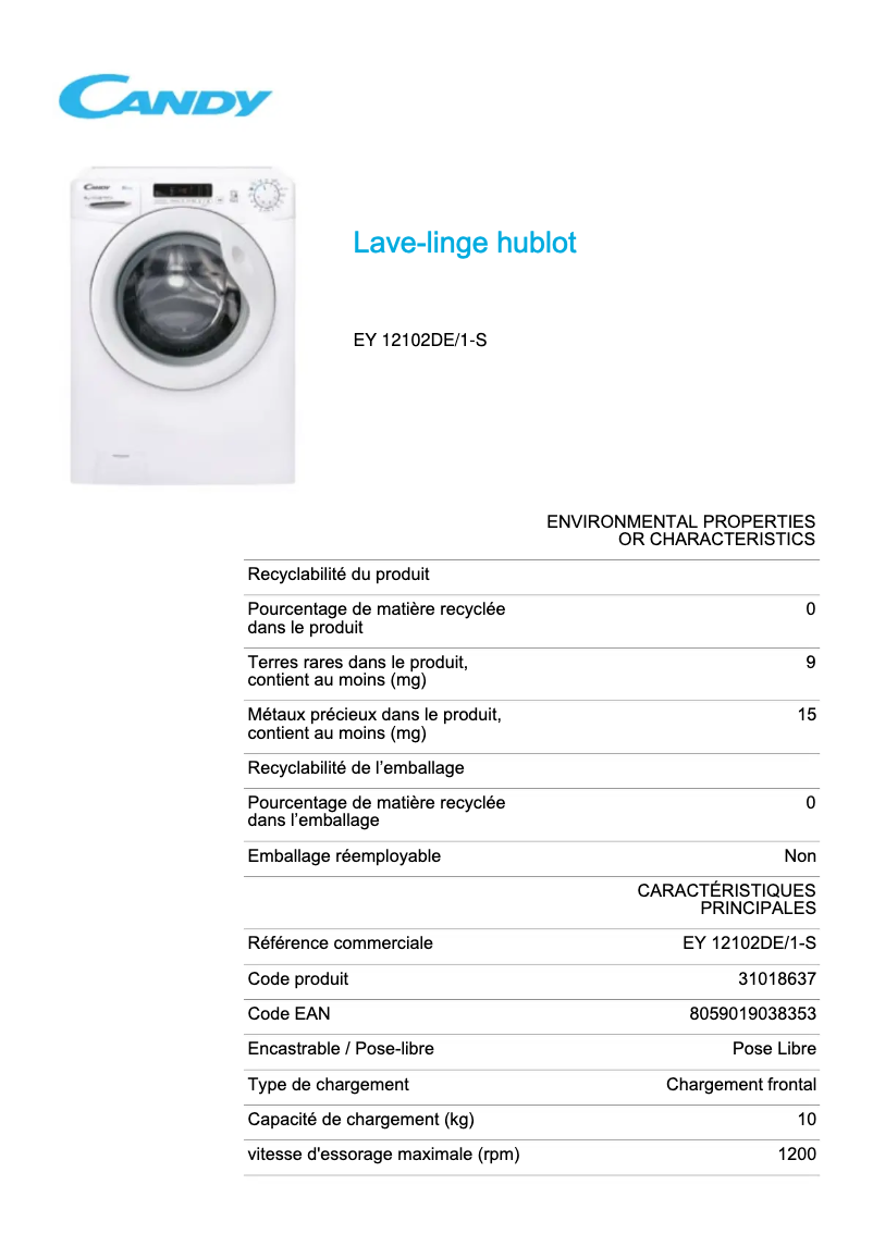 Page 1 de la notice Fiche technique Candy EY 12102DE/1-S