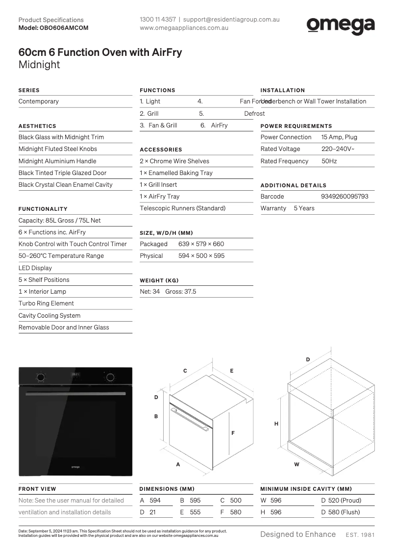 Page n°1 - Fiche technique Omega OBO606AMCOM