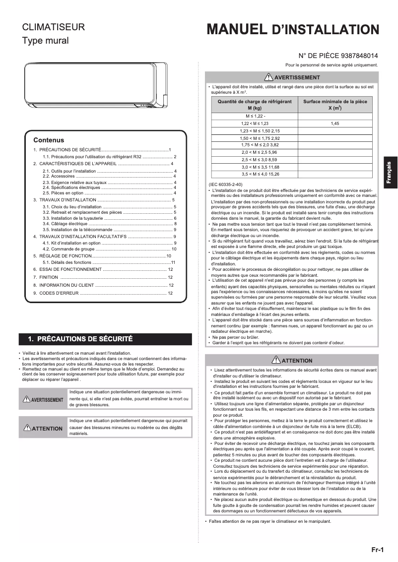 Page 1 de la notice Manuel utilisateur Fujitsu Standard ASYG12KMCC
