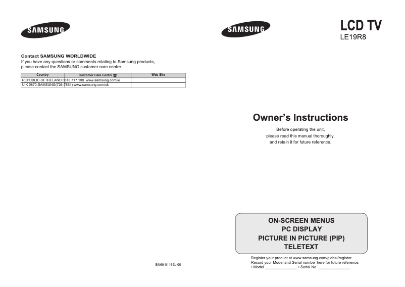 Page 1 de la notice Manuel utilisateur Samsung LE19R86BD