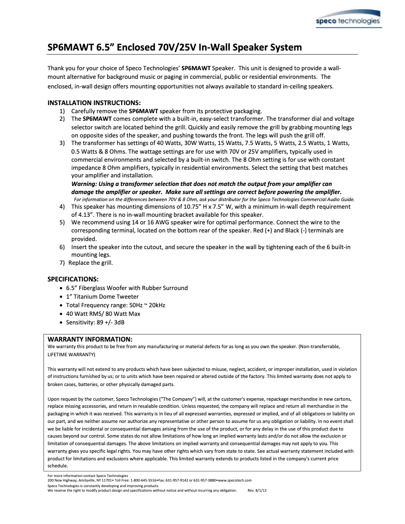 Page n°1 - Manuel utilisateur Speco Technologies SP6MAWT