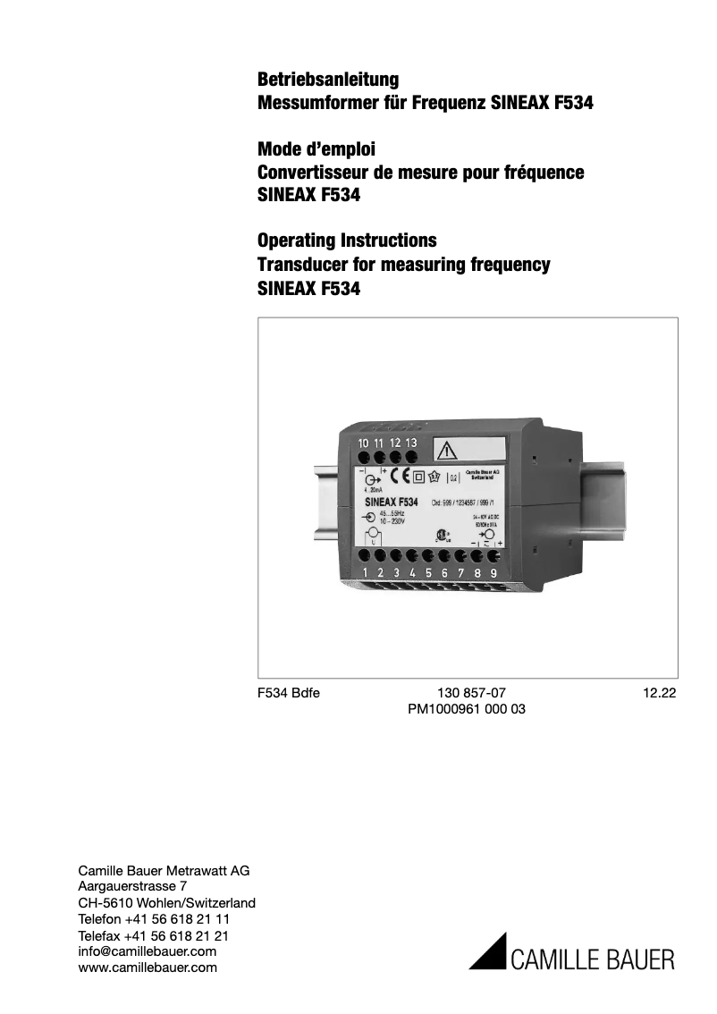 Page n°1 - Manuel utilisateur Camille Bauer SINEAX F534
