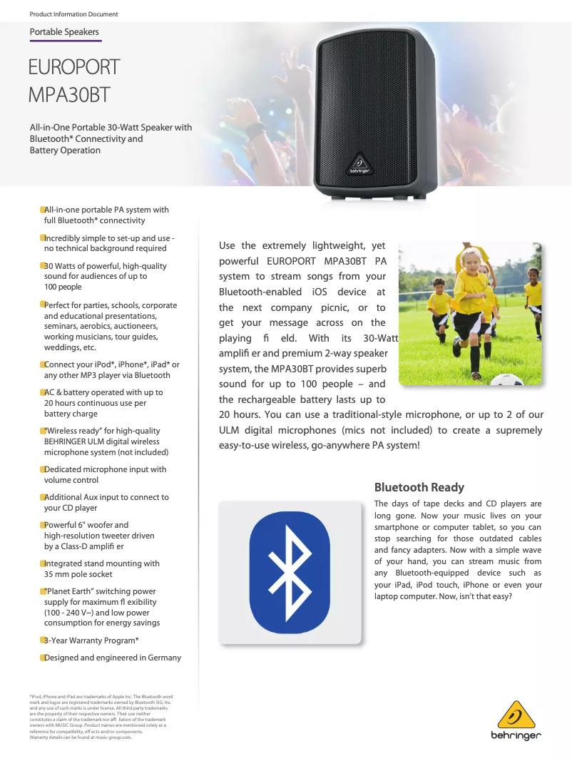 Page 1 de la notice Fiche technique Behringer Europort MPA30BT