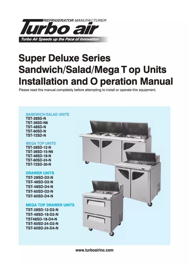 Página 1 del manual Guía de instalación Turbo air TST-72SD-30