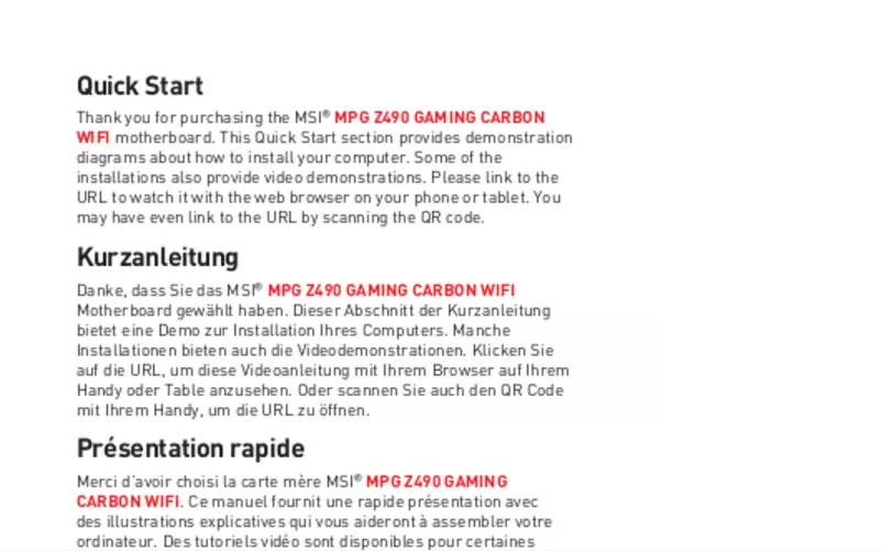 Page 1 de la notice Manuel utilisateur MSI MPG Z490 CARBON EK X