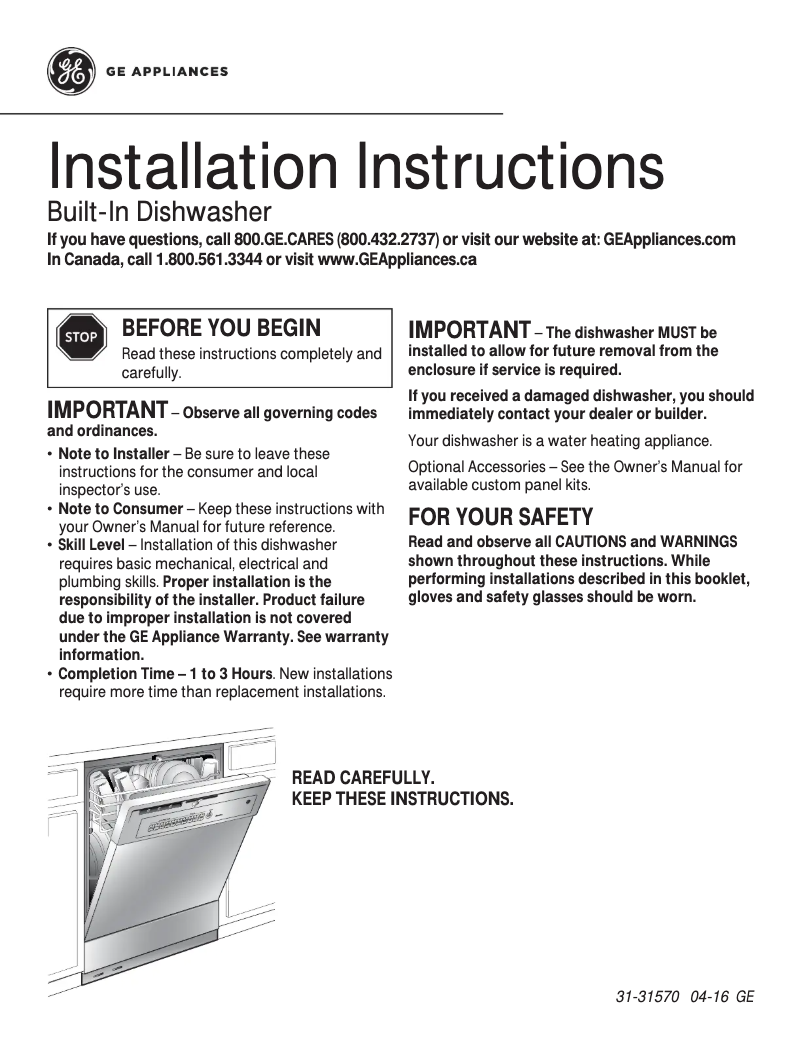 Page 1 de la notice Guide d'installation GE GSD2101VWW