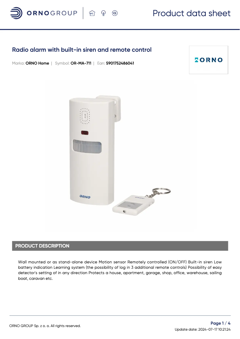 Page 1 de la notice Fiche technique ORNO OR-MA-711