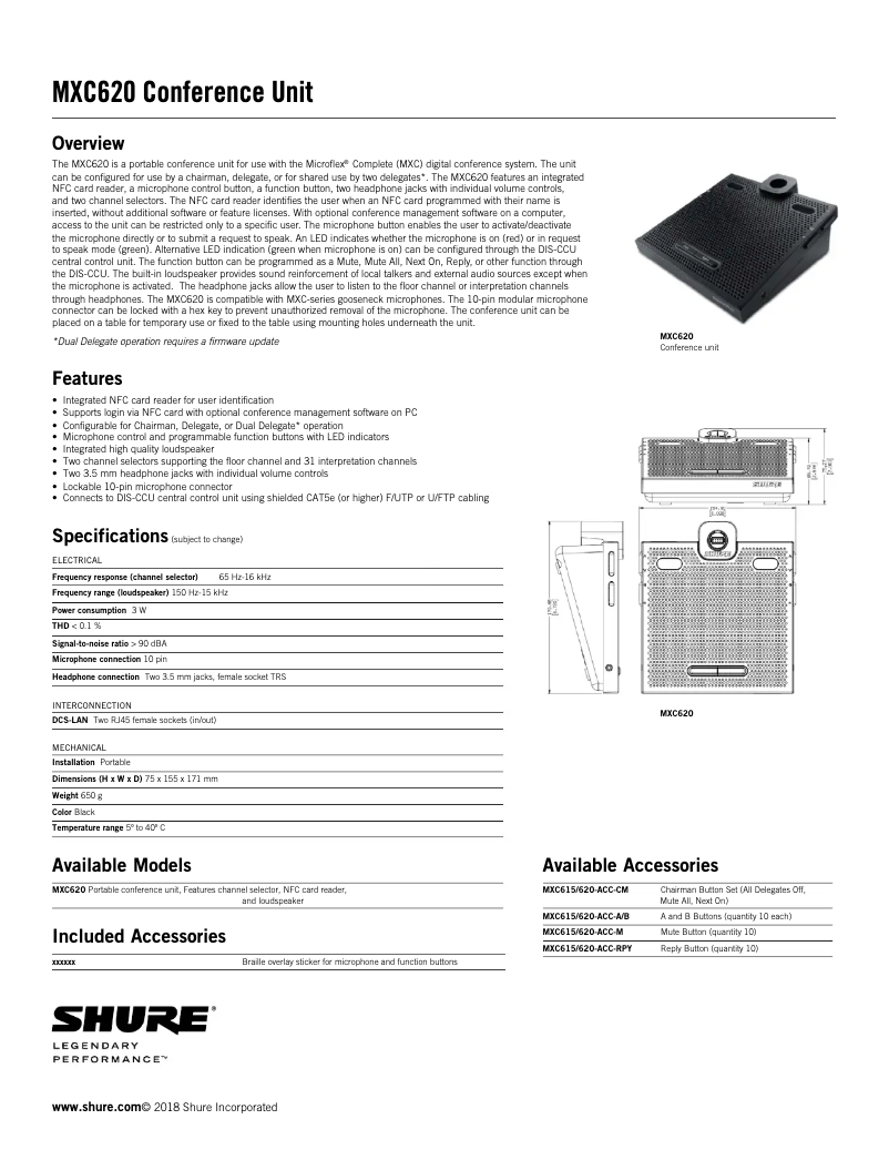 Page 1 de la notice Fiche technique Shure MXC620