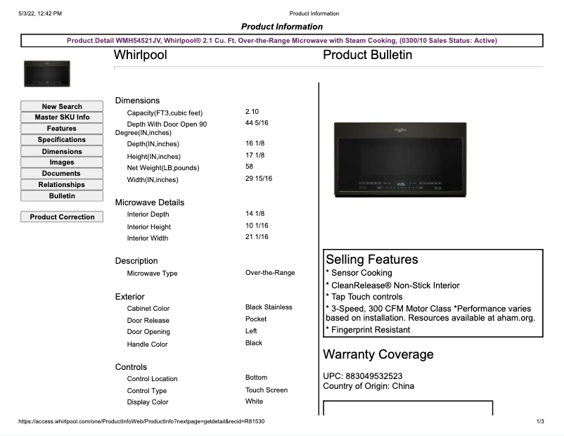 Imagen de la primera página del manual del dispositivo WMH54521JV