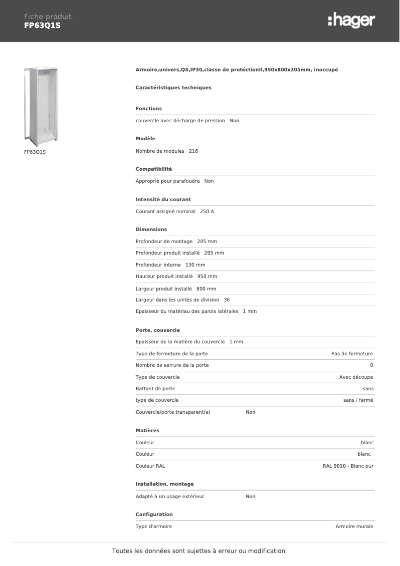 Page n°1 - Manuel utilisateur Hager FP63Q1S