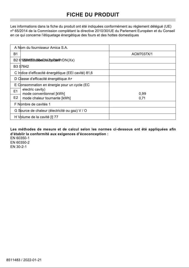 Page n°1 - Fiche technique Amica ACM7037X/1