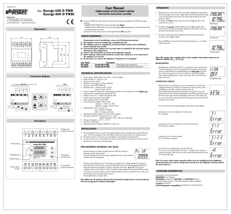 Page 1 de la notice Manuel utilisateur Vemer Energy-400 D PWR