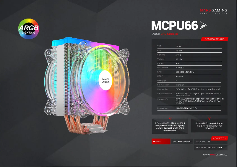 Page 1 de la notice Fiche technique Mars Gaming MCPU66