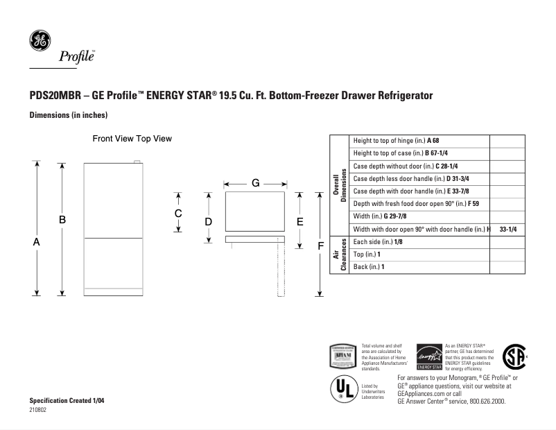Page 1 de la notice Fiche technique GE Profile PDS20MBRCC