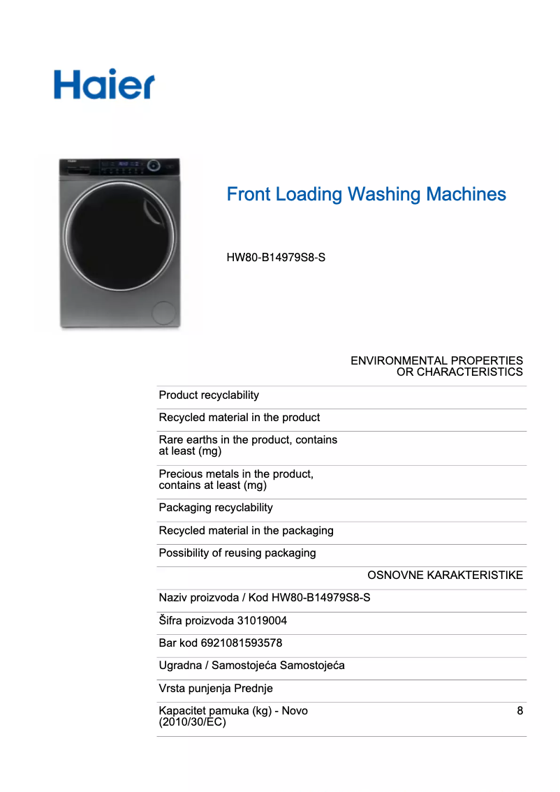 Page 1 de la notice Fiche technique Haier HW80-B14979S8