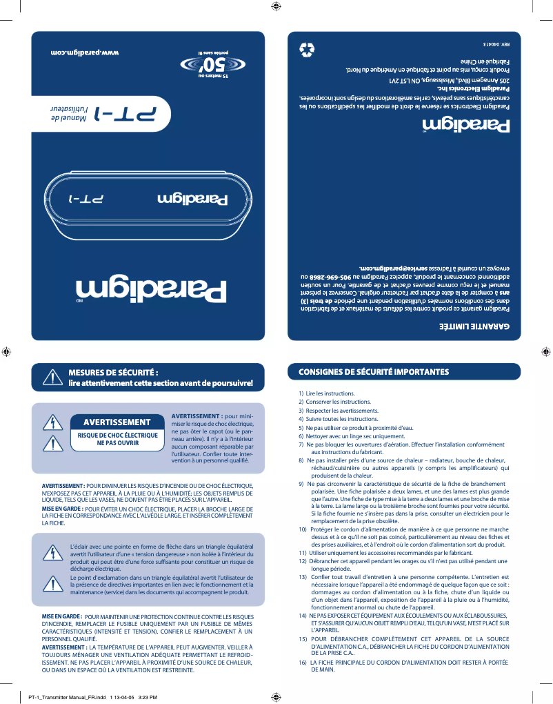 Page 1 de la notice Mode d'emploi Paradigm PT-1