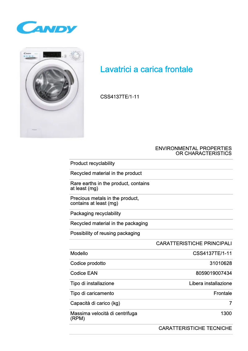 Page 1 de la notice Fiche technique Candy CSS4137TE/1-11