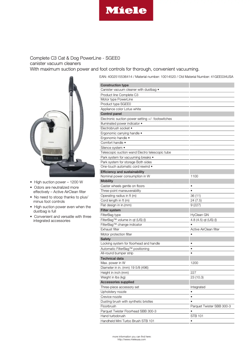 Page n°1 - Fiche technique Miele Complete C3 Cat & Dog PowerLine SGEE0