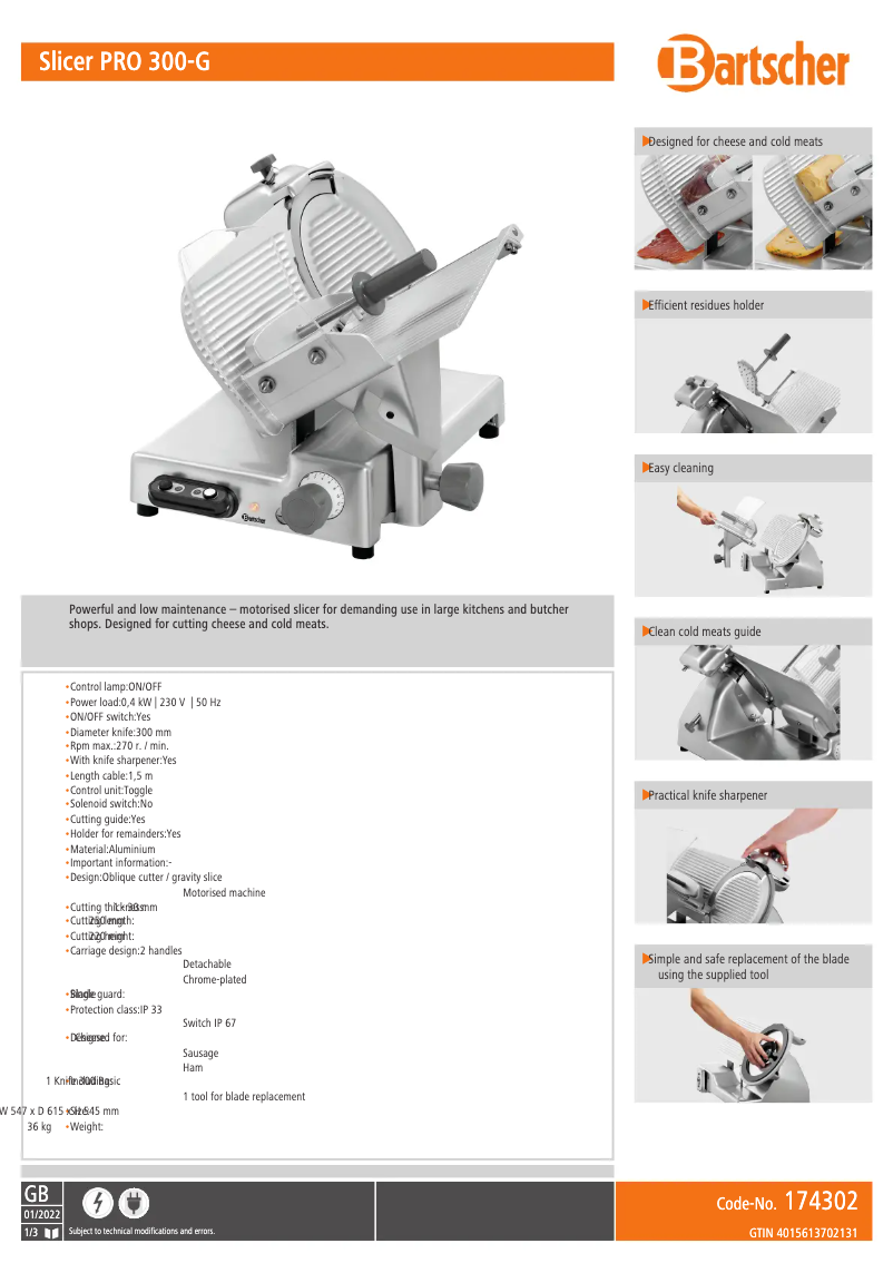 Page 1 de la notice Fiche technique Bartscher PRO 300