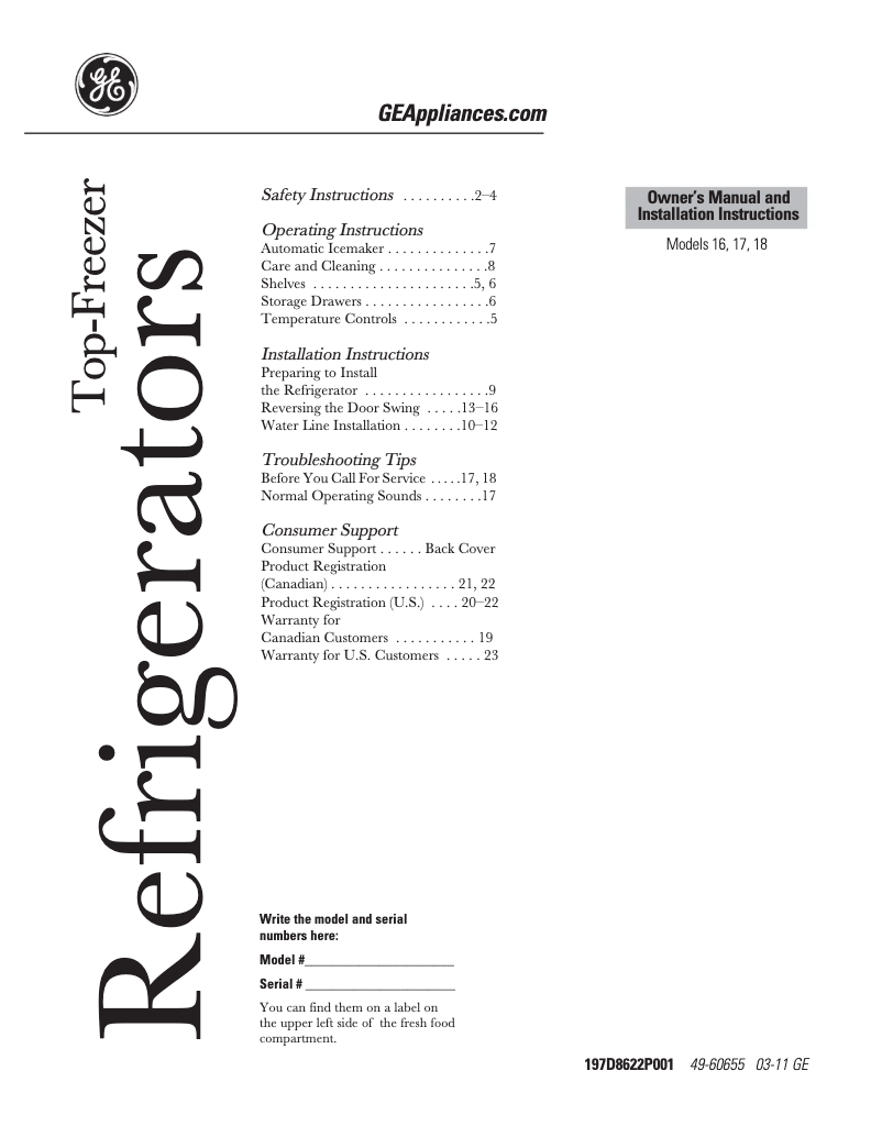 Page n°1 - Manuel utilisateur GE GTH18ECCBB