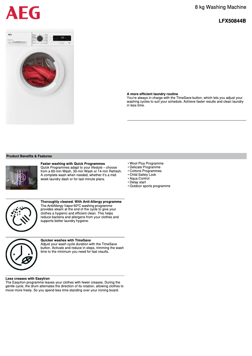 Page 1 de la notice Fiche technique AEG LFX50844B