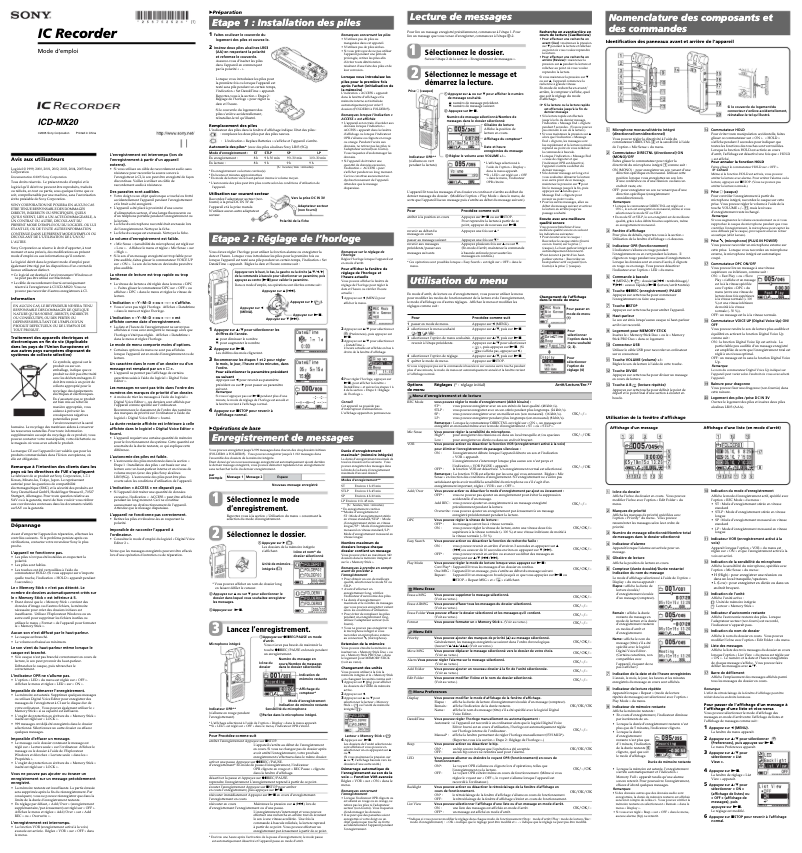 Page 1 de la notice Manuel utilisateur Sony ICD-MX20
