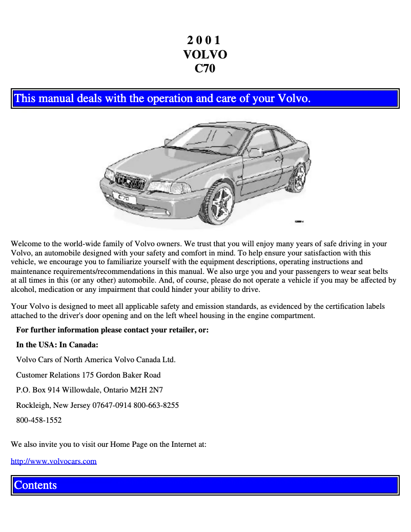 Page 1 de la notice Manuel utilisateur Volvo C70 (2001)