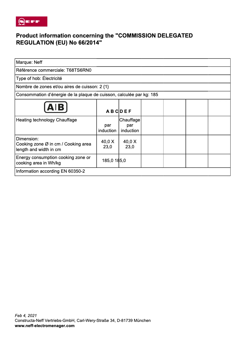 Page 1 de la notice Label énergétique Neff T68TS6RN0