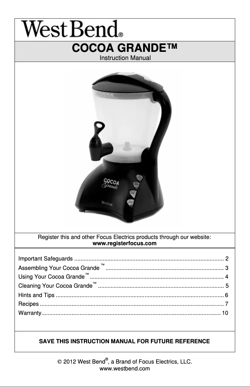 Page 1 de la notice Manuel utilisateur WestBend Cocoa Grande CL400BG