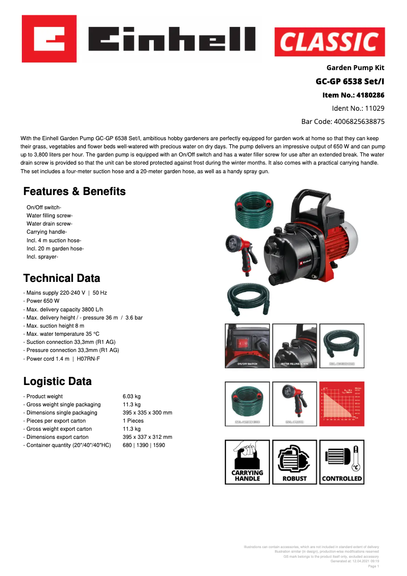 Page 1 de la notice Fiche technique Einhell GC-GP 6538