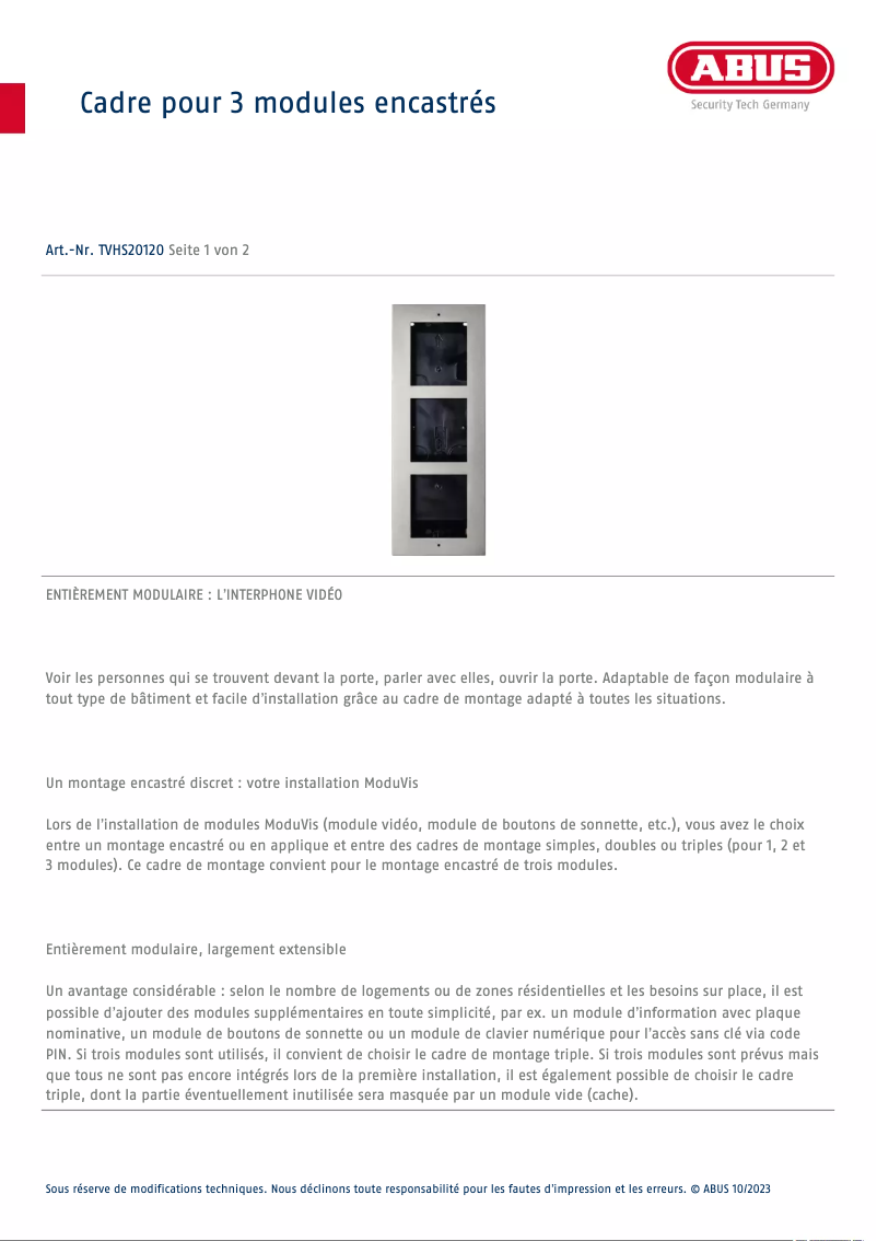 Page 1 de la notice Fiche technique Abus TVHS20120