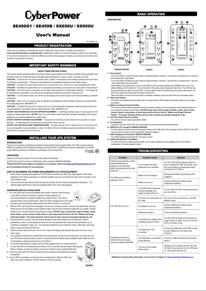 Page 1 de la notice Manuel utilisateur CyberPower SX650U