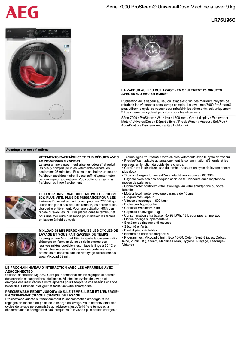 Page 1 de la notice Fiche technique AEG LR76U96C