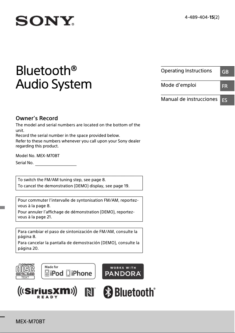 Page 1 de la notice Manuel utilisateur Sony MEX-M70BT