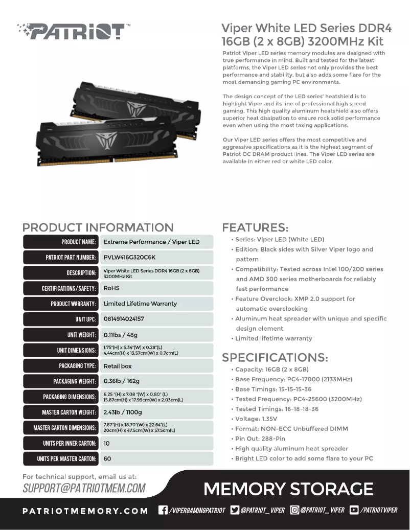 Page 1 de la notice Manuel utilisateur Patriot Memory PVLW416G320C6K