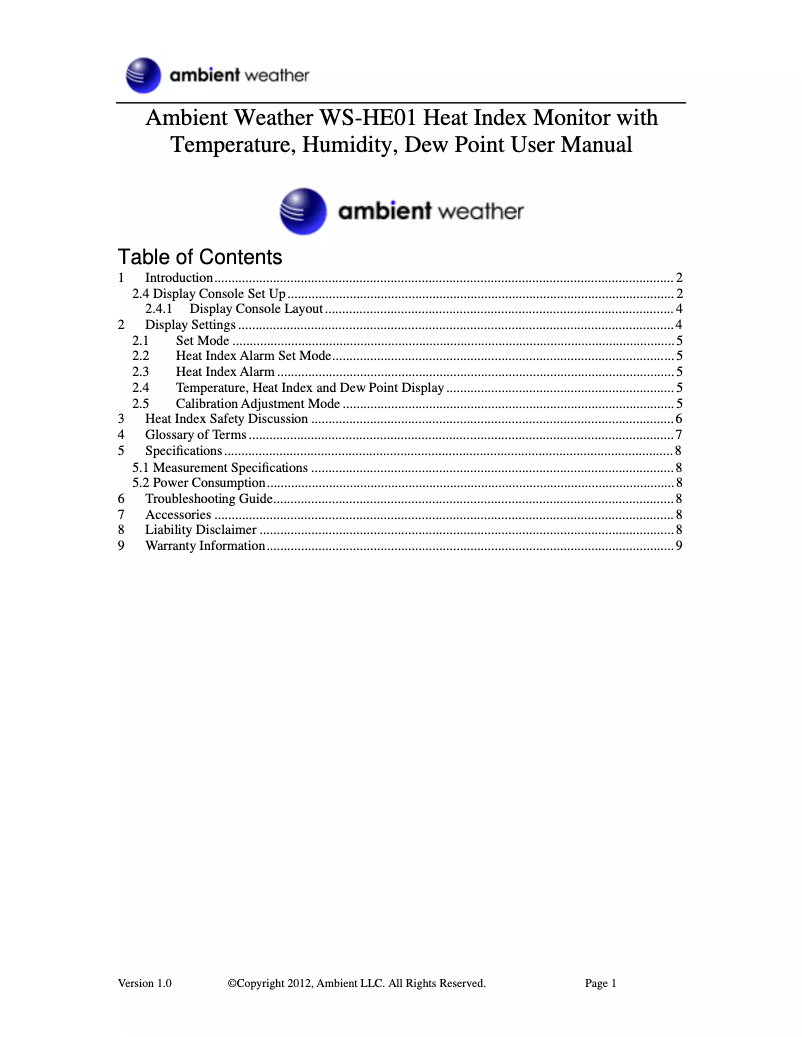 Page n°1 - Manuel utilisateur Ambient Weather WS-HE01