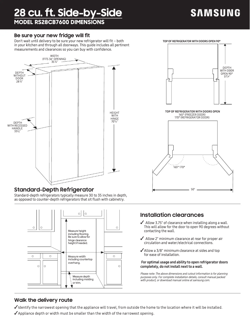 Page 1 de la notice Guide de mesure Samsung RS28CB760012
