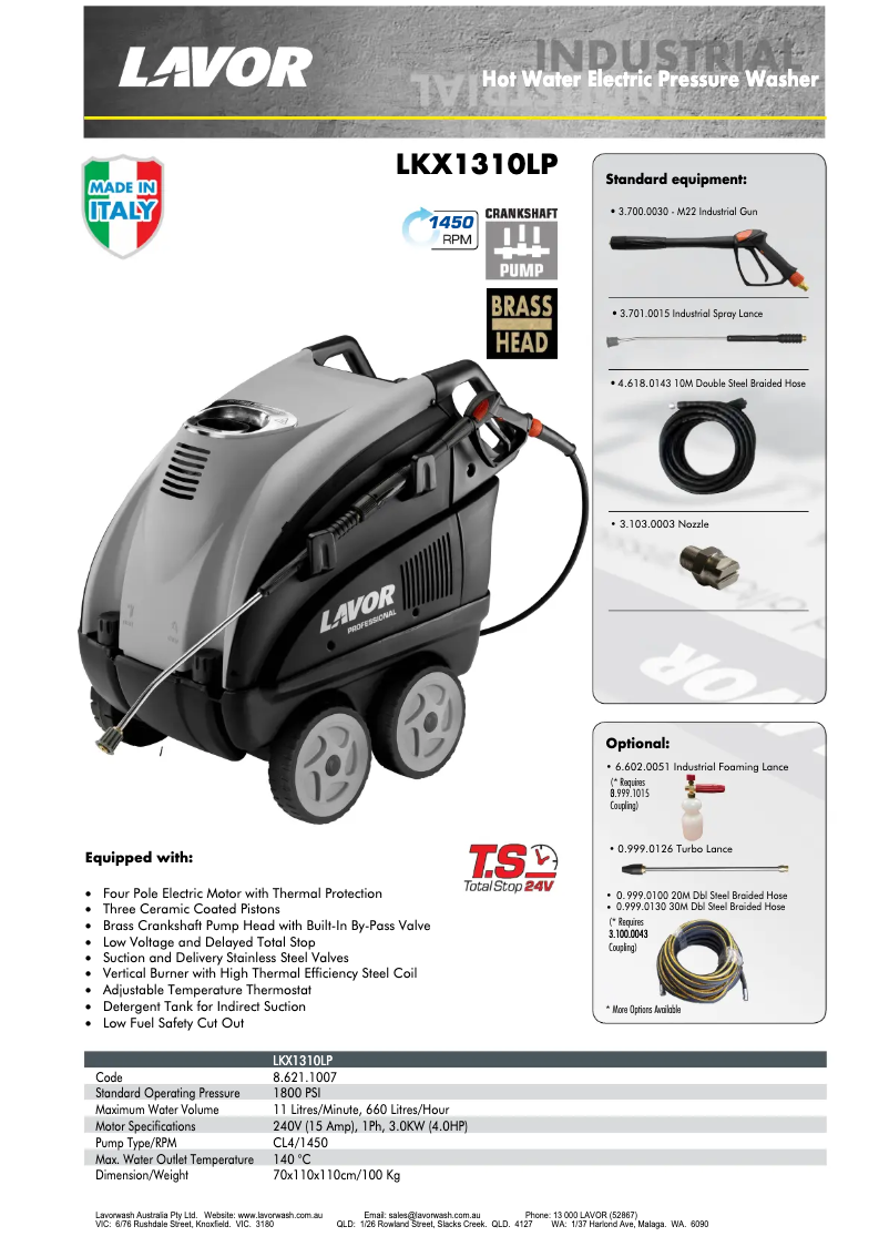 Page 1 de la notice Fiche technique Lavorwash LKX1310LP