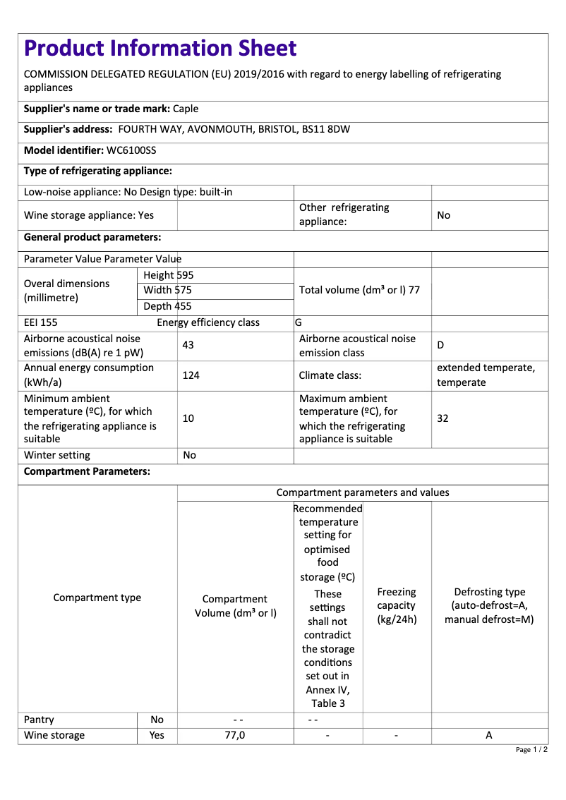 Page n°1 - Fiche technique Caple WC6100BS