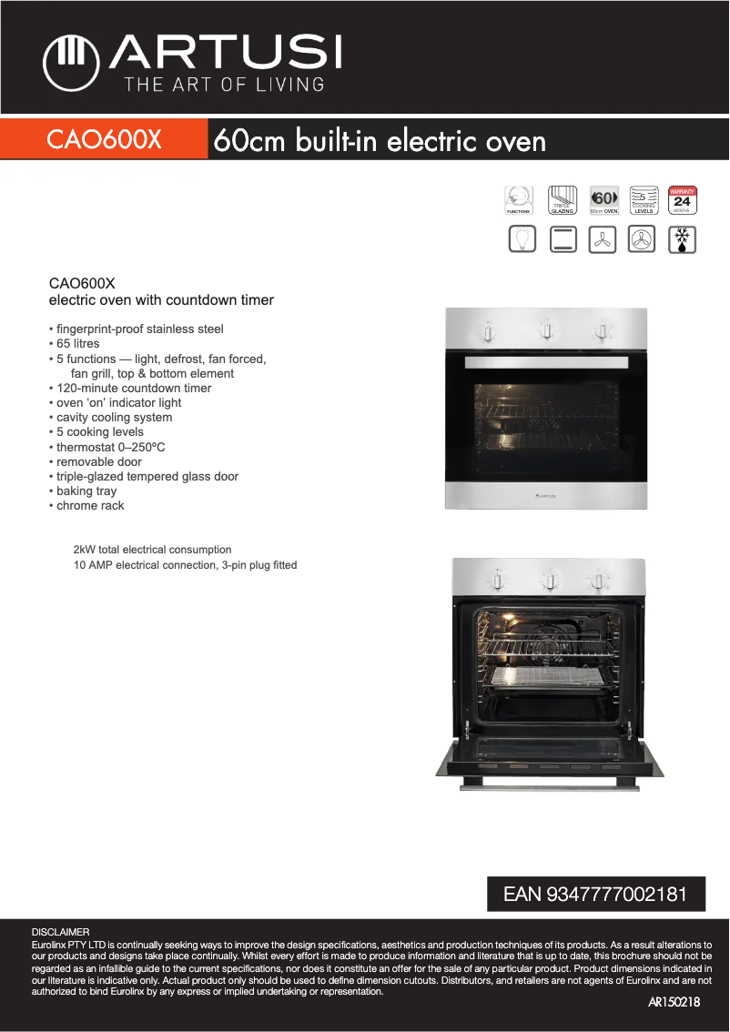 Page 1 de la notice Fiche technique Artusi CAO600X