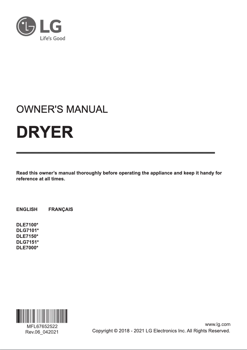 Page 1 de la notice Manuel utilisateur LG DLE7000W