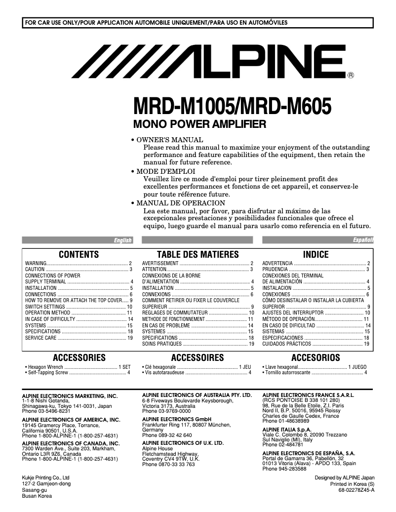 Page n°1 - Manuel utilisateur Alpine MRD-M605
