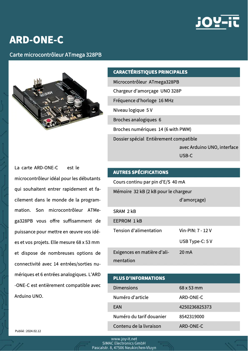 Página 1 del manual Ficha técnica Joy-It ARD-One-C