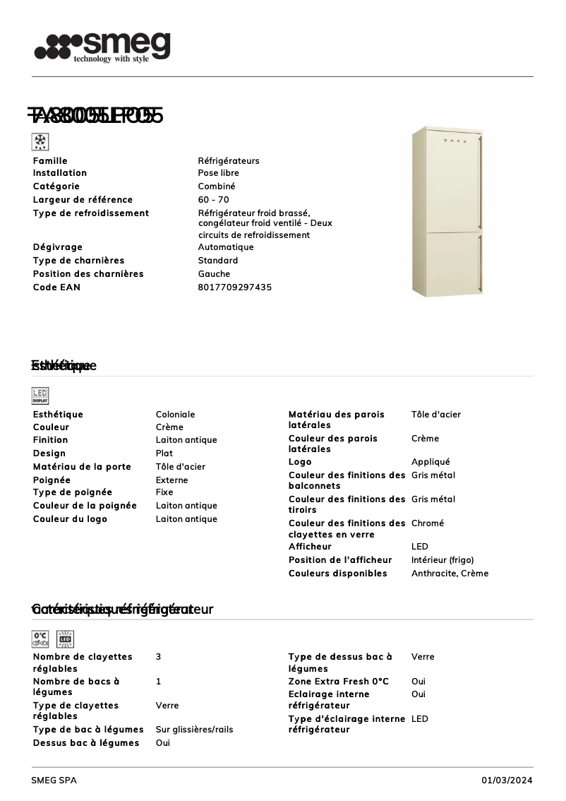 Page 1 de la notice Fiche technique Smeg FA8005LPO5