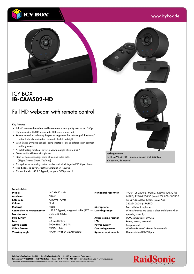 Page n°1 - Fiche technique Icy Box IB-CAM502-HD