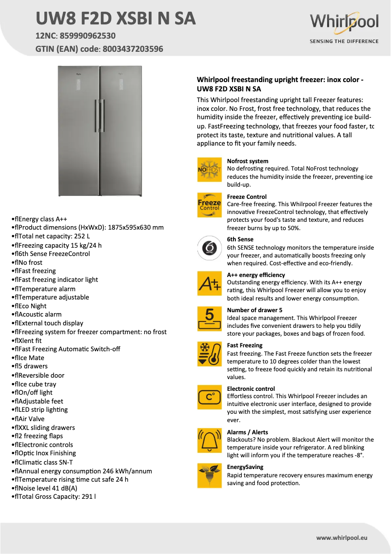 Page n°1 - Fiche technique Whirlpool UW8 F2D XSBI N